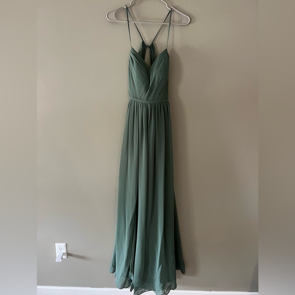 Azazie Sage Green Spaghetti Strap Chiffon Bridesmaid Dress
